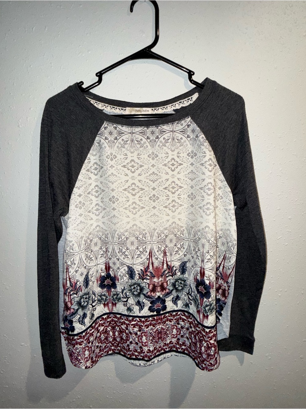 Rewind Charcoal Sleeve Long-Sleeve Raglan Top with Floral Border Print